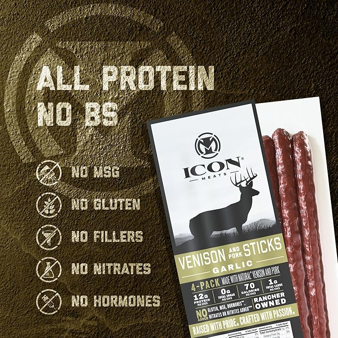 ICON Meats Venison and Pork Snack Sticks - Garlic Flavor - 6 Packs Per Box, 4 Sticks Per Pack, All Natural Jerky Meat Sticks, USDA Approved, Diet Friendly, High Protein, Low Calorie, Sugar Free