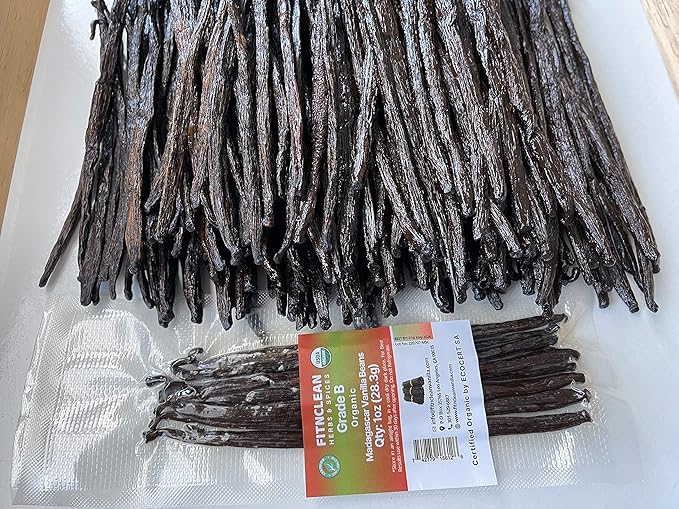1oz Madagascar Vanilla Beans Grade B. Certified USDA Organic for extract, Cooking and Paste 5"-7" by FITNCLEAN VANILLA| Whole NON-GMO Pods