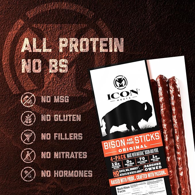 ICON Meats Bison and Pork Snack Sticks - Original Flavor – 6 Packs Per Box, 4 Sticks Per Pack, All Natural Jerky Meat Sticks, USDA Approved, Diet Friendly, High Protein, Low Calorie, Sugar Free