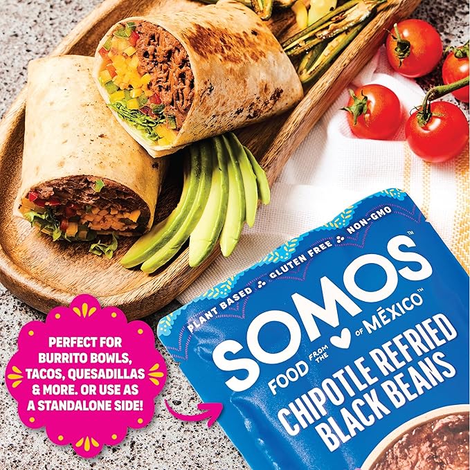 SOMOS Chipotle Refried Black Beans - Gluten Free, Non-GMO, Vegan & Microwavable Meals Ready to Eat - Delicious, Healthy & Convenient - Perfect for Burrito Bowls, Tostadas & More | 10 oz (Pack of 6)