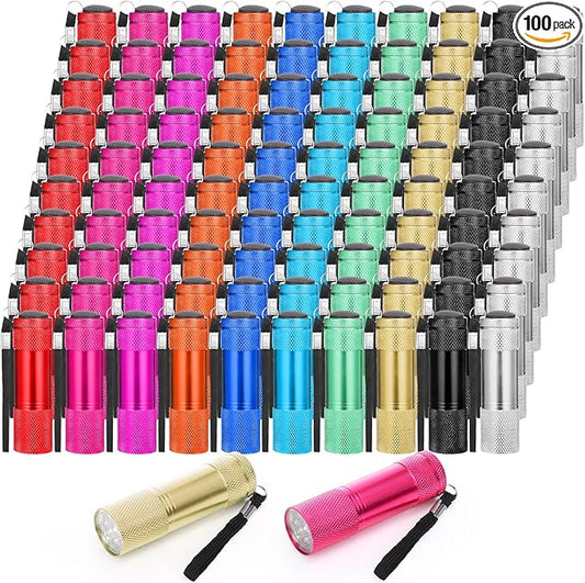 VIHOSE 100 Pcs Mini Flashlights Bulk, Bright Flashlights Set, Aluminum LED Handheld Torches for Party Favors Night Reading Camping Emergency Items Gifts Homeless, Batteries Not Included(Bright Color)