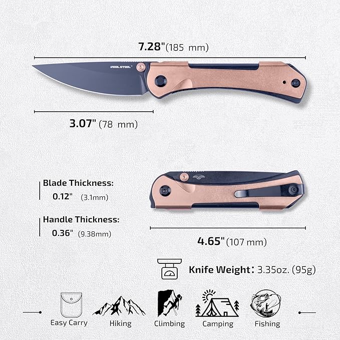 REALSTEEL SYLPH Folding Pocket Knife, Liner Lock, 3.07" Nitro-V Steel Black PVD Blade, Thumb Stud, Double Bending Steel Handle, 3.35oz, Deep-carry Pocket Clip, EDC Outdoor Indoor, Gifts for Men Women Camping Hiking Climbing (Gold Black)