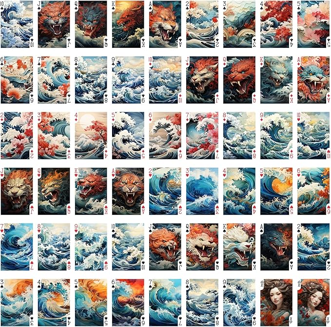 Roaring Waves and Majestic Beasts Playing Cards (Poker Deck 54 Cards All Different) Great Wave Japan Sakura and Ancient Demons Vintage Styled Illustration