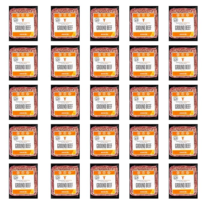 Santa Carota Grass Fed Ground Beef 70% Lean / 30% Fat, Carrot-Finished, Grass-Raised, Bulk Hamburger Meat | Perfect for Burgers, Family Pack Frozen Food (25-1lb packages)
