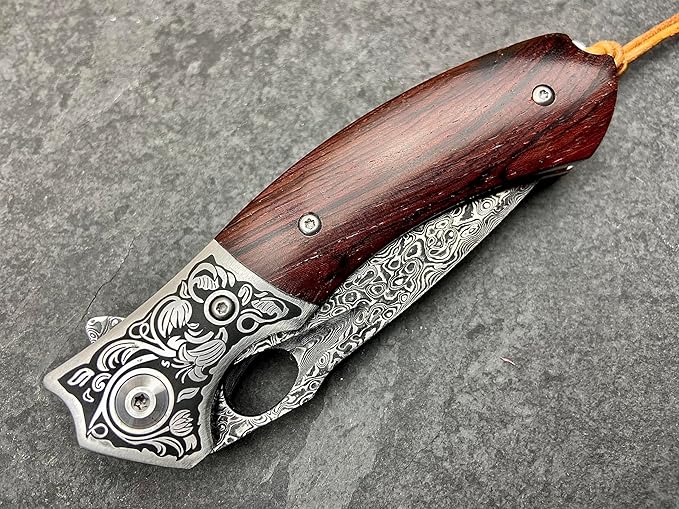 TACTICAL GEARZ Damascus Pocket Folding Knife, Natural Rosewood Handle, Damascus Steel Blade, Includes Custom Stitched Leather Sheath (Reno XT)