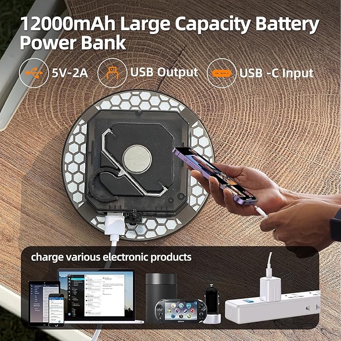 12000mAh (45W) Camping Hanging Tent Light Emergency Power Outage Lantern Home Use 4000LM 3 Modes IPX5 Waterproof Outdoor Walking Rock Climbing Work Rechargeable Camping Light