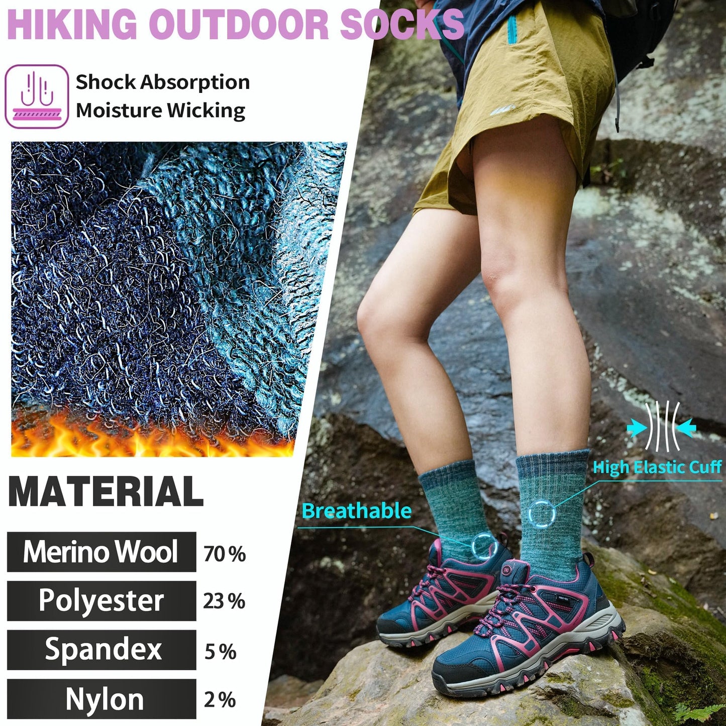 SAVALOS Merino Wool Hiking Socks for Women Thermal Warm Winter Cozy Work Crew Gifts Socks 5 Pairs