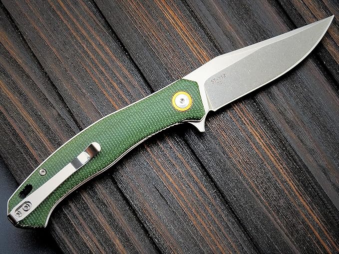 Sitivien ST112 Folding Knife, D2 Blade and Micarta Handle EDC Tool Knife with Pocket Clip for Outdoor Camping Hiking Survival(Army green)
