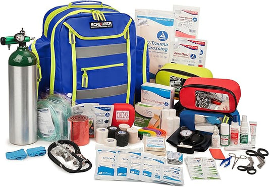 Scherber Fully-Stocked Premium First Responder Backpack | EMT/EMS Medic Trauma & Oxygen Medical Professional Kit | Bag w/ 4 Color-Coded Removable Pouches, O2 Storage, & 250+ First Aid Supplies (Blue)