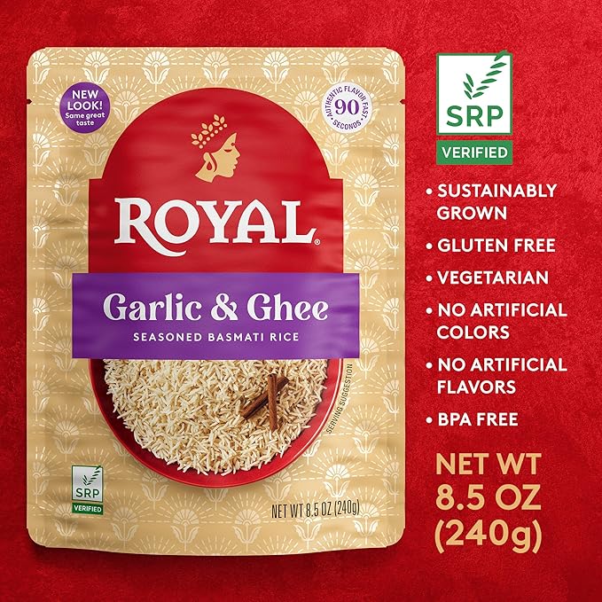 Royal Garlic & Ghee Seasoned Basmati Rice, No Artificial Flavors, Vegetarian Friendly, Gluten Free & Non-GMO, 8.5 Ounce (Pack of 6)