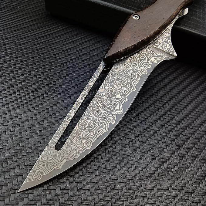 HUAAO Damascus Folding Knife, Yellow Sandalwood Handle with Mechanical Lock, Tactical Pocket Knife for Outdoor Camping Survival Hunting Self Defense Multitool