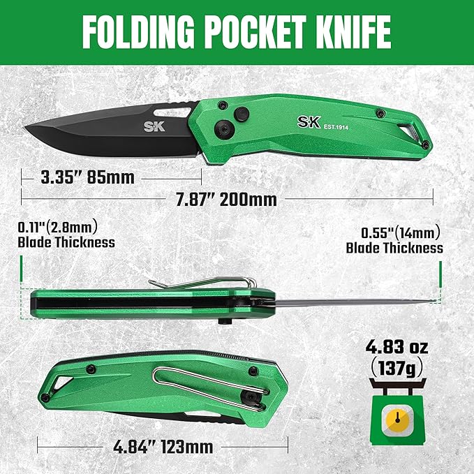 SK Folding Pocket Knife, Premium D2 Steel Blade, Aluminum Handle with Wire Belt Clip