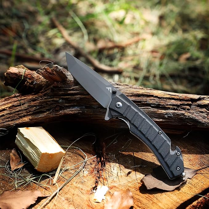 FLISSA Folding Pocket Knife, Tactical Knife with Liner Lock, Tanto Blade, Pocket Clip, Glass Breaker, Seatbelt Cutter, Perfect for Hunting, Camping, Survival