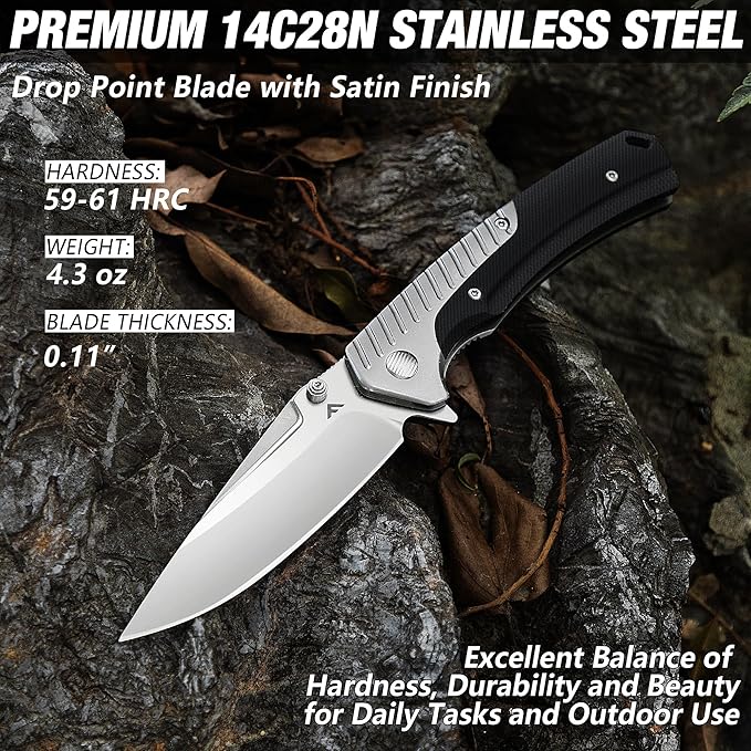 FLISSA Pocket Knife with 3.35" 14C28N Steel Blade, Liner Lock Folding Knife with Micarta Handle for EDC, Camping, Hiking, Outdoor Activities, Gift for Men and Women