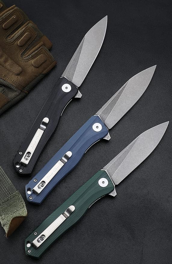 Petrified fish G10 handle D2 steel blade 2CR13 liner ball bearing flipper folding knife camping hunting EDC pocket tool PF818 (Black, Satin)