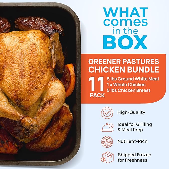 Greener Pastures Pasture-Raised Poultry Bundle ??11-Pack (1 Whole Chicken, 5 lbs of Ground White Meat, 5 packages of Breasts) ??Premium, Nutrient-Rich, Ideal for Grilling & Meal Prep