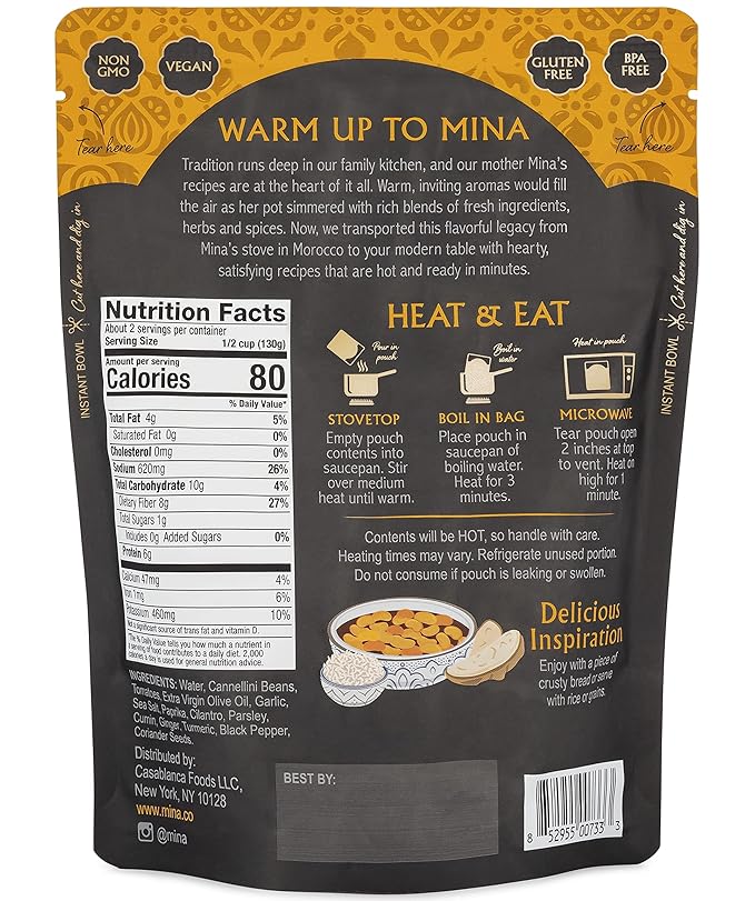 Mina Moroccan White Beans, Cannellini Beans, 10 oz (Pack of 6) Ready to Eat, Plant Protein, Vegan, Non-GMO, Gluten Free Healthy Food, Microwave Meals Ready to Eat, Packaged Meals & Side Dishes, Kosher