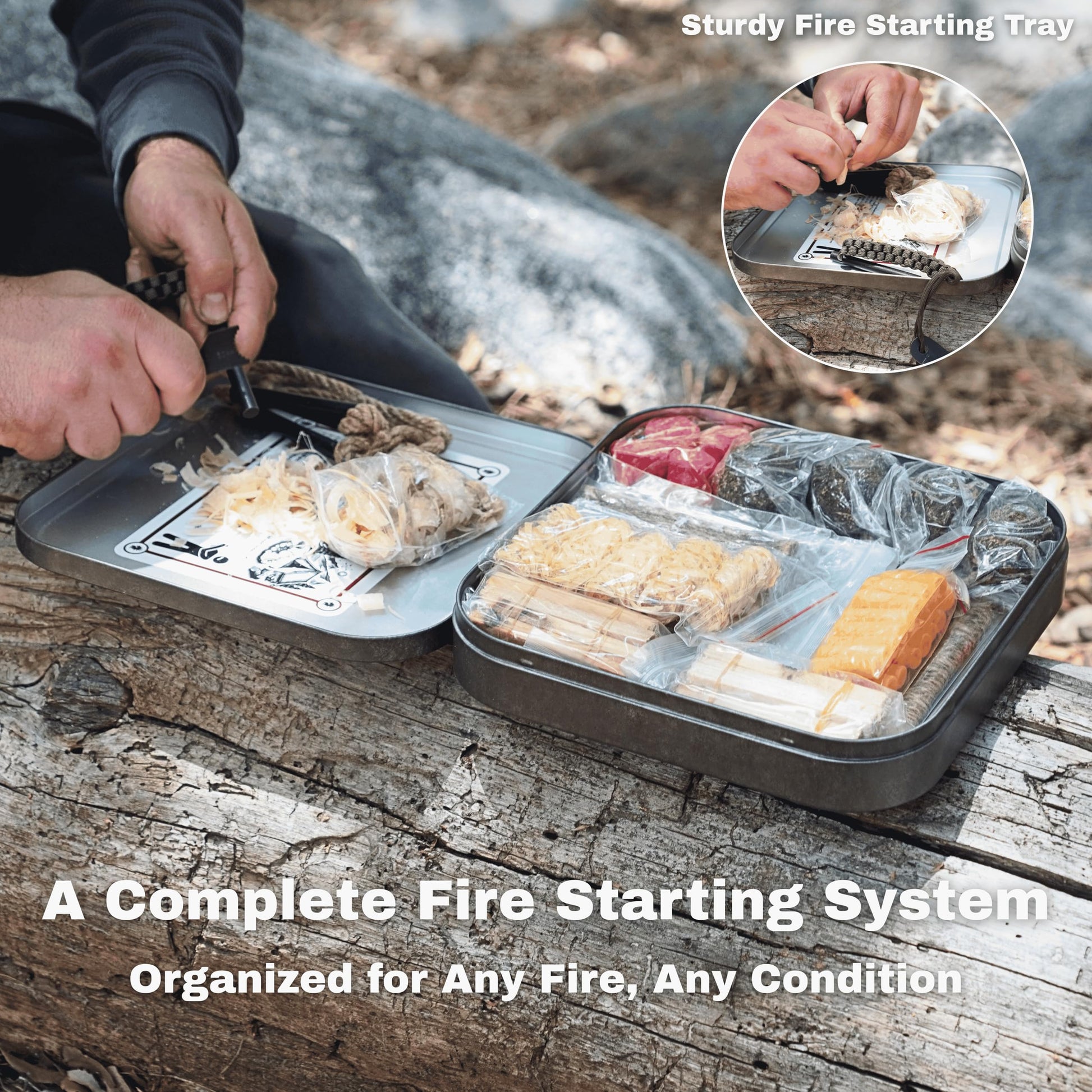 TinFerno Fire Starting Kit – 100pc Fire Starter for Campfires, Ferro Rod, Magnesium Flint, Char