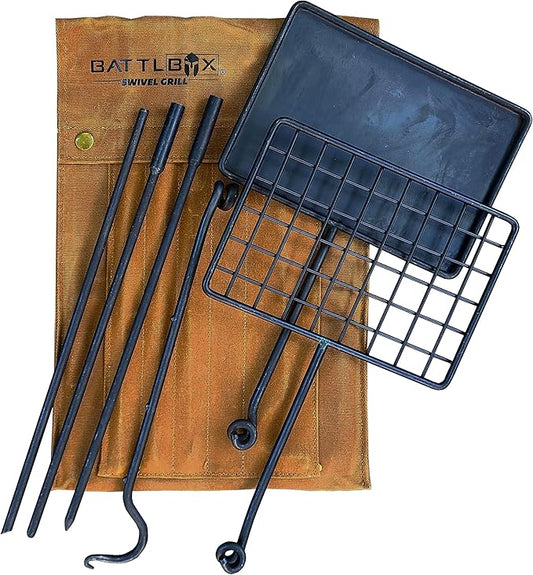 BATTLBOX Bushcraft Grill Set, Steel Campfire Cooking Grate Swivel Grill For Outdoor BBQ Open Fire, Packable Campfire Cook Set, Heavy Duty Open Fire Swivel Camping Cooktop, Canvas Bag