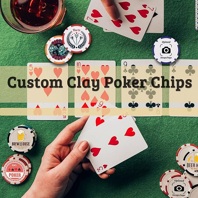 Custom Clay Poker Chips, 11.5Gram Personalized Poker Chips with Full Color Logo,Casino-Grade Monte Carlo Style Chips, Event Tokens for Texas Hold’em, Blackjack, Card Nights, Pack of 50