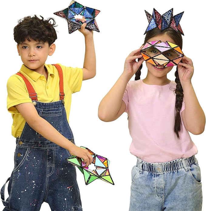 TOSY Magnet Pyramid Glow - 1 Cube Transforms into 1 Billion Shapes, 12 Pieces, 243 Rare Earth Magnets, Glowing, Holographic Design Magnet Tiles Creative Puzzle STEM/STEAM Toy, 4-Pack