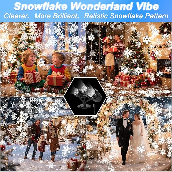 Snowflake Christmas Projector Lights Outdoor, [Timer] Triple Head Snowflake Projector Light, Waterproof 360°Rotating LED Snowfall Projector for Holiday Party Yard Garden Indoor Christmas Decoration