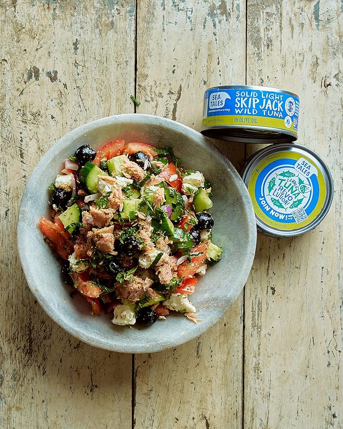 Sea Tales Solid Light Skipjack Canned Tuna in Olive Oil - 100% Pole & Line Wild Sustainably Caught - Fair Trade Certified - High Protein Food - Keto Friendly - 5 oz. Cans (Pack of 12)