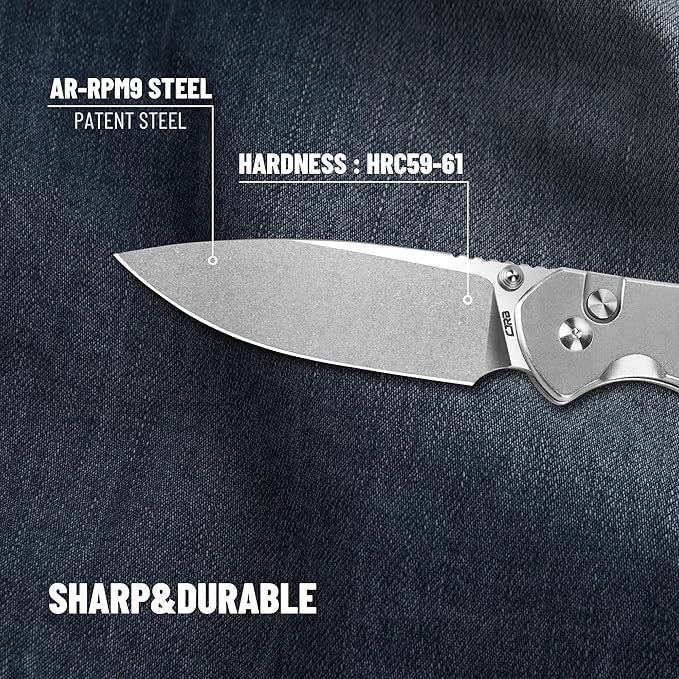 CJRB CUTLERY Pocket Knife Pyrite (J1925L) Button Lock EDC Large Foldable Knife AR-RPM9 Steel Blade and Stainless Steel Handle Silver Outdoor for Women Men for Gifts