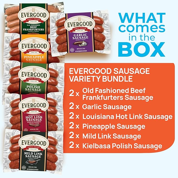 Evergood Sausage Variety Bundle - 12 Packs, Gourmet Pork & Beef Sausages, 6 Flavors: Garlic, Pineapple, Hot Link, Mild, Polish, Beef Frankfurter, Naturally Smoked, Grill-Ready, Fully Cooked