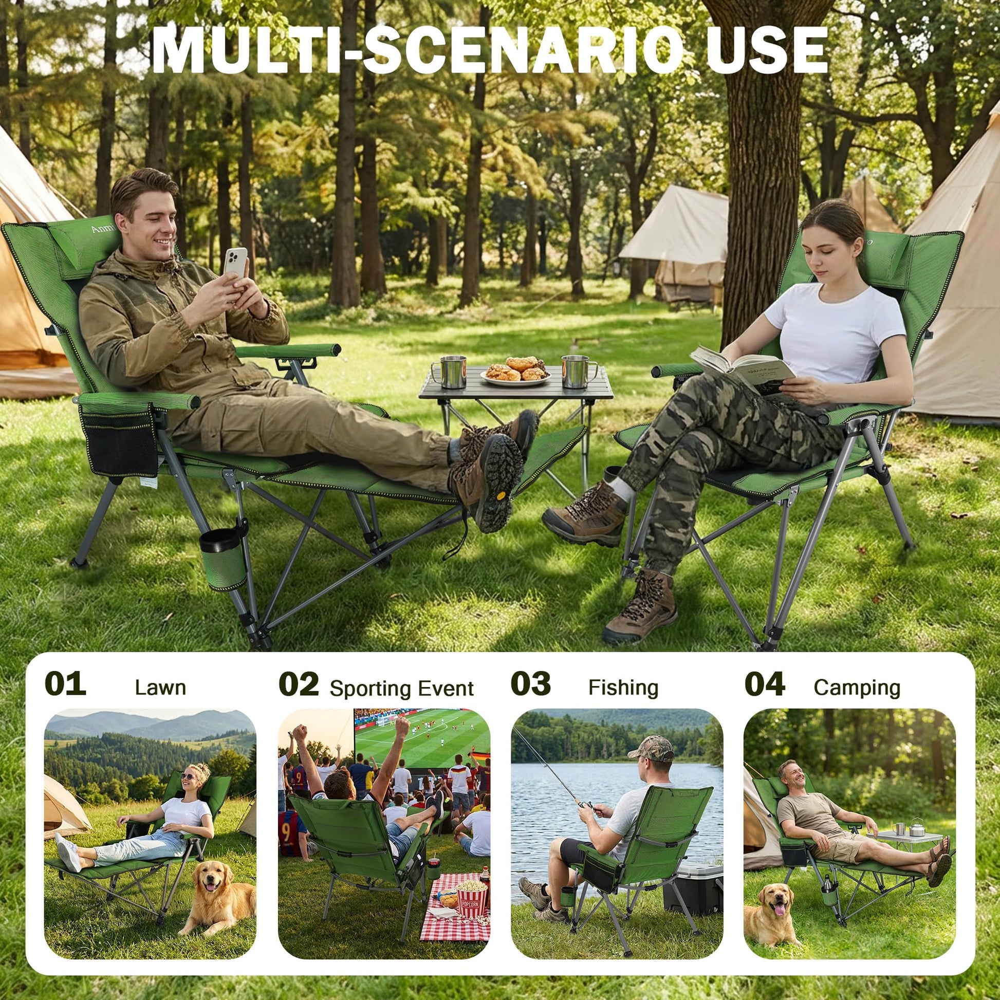 Folding Reclining Camp Chair with Footstool for Camp, Picnic, Lawn, Fishing