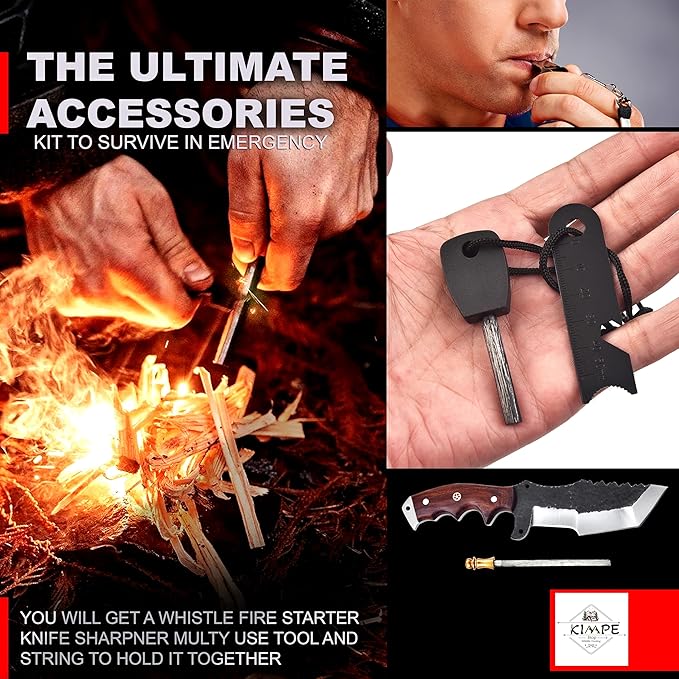 KIMPE 10.5?™â€?Hand-Forged Spring Steel Hunting Knife with Leather Sheath-Fixed Blade EDC Knife-Bushcraft Knives-Rose Wood Handle-Best Camping & Survival Knives-Knives for Men. (Spring Steel & Rose Wood)
