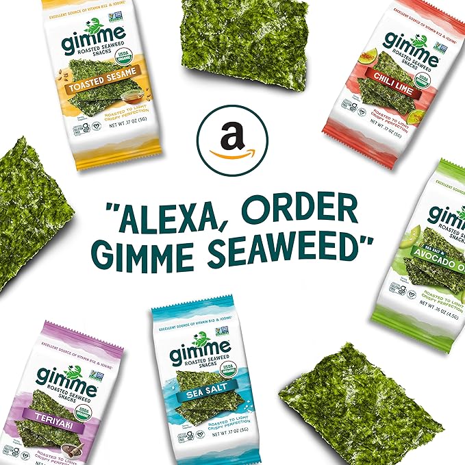 Gimme Seaweed Organic Premium Roasted Seaweed Snacks, Sea Salt & Avocado Oil, 6 Count, Keto, Vegan, Gluten-Free, Great Source of Omega3s and Iodine, Healthy On-The-Go Snack for Kids and Adults