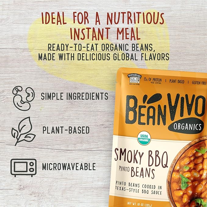 BeanVIVO (Pack of 6) Organics 15g Plant based Protein BBQ Pinto Beans - Good Source of Fiber - Nutritious & Microwave Meals - Gluten-Free Plant Food - 10 oz