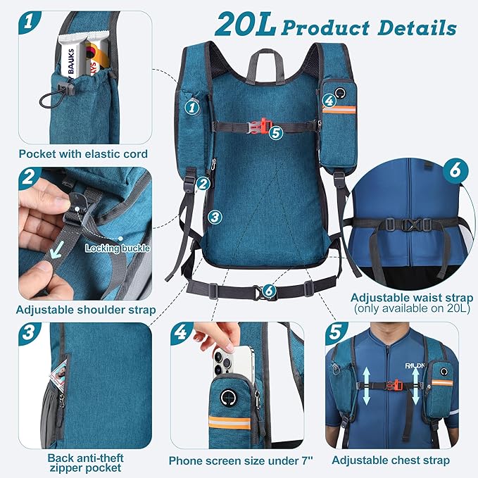 20L Small Hiking Backpack for Men Women Foldable Packable Back Pack Ultralight Hiking Daypack for Travel Camping Outdoor, Turquoise