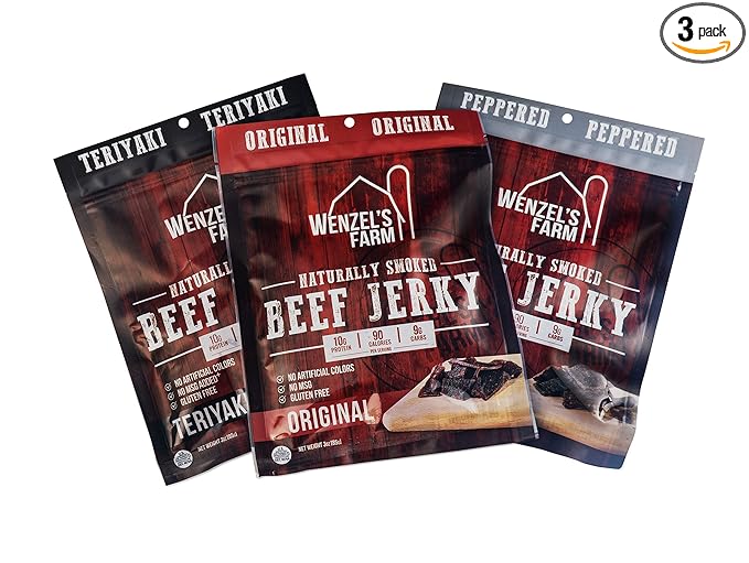 Wenzel's Farm Beef Jerky Variety Pack - Includes Original, Teriyaki, and Peppered Beef Jerky - Naturally Smoked - No MSG - No Artificial Colors, Gluten Free - Pack of 3, 3 Oz Bags