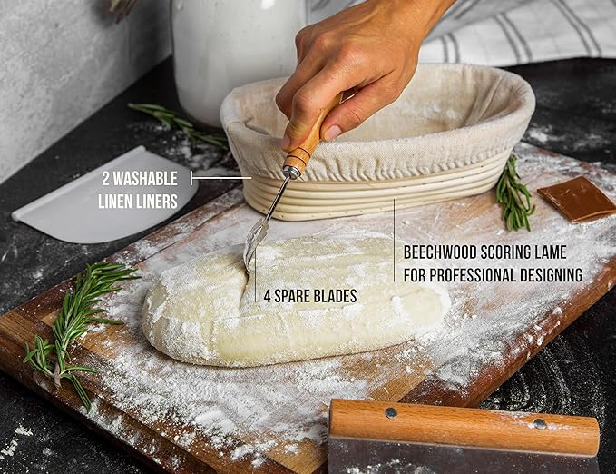 Kook Dutch Oven with Lid, Sourdough Bread Baking Supplies, Banneton Bread Proofing Set, Dual Handles, Enameled Cast Iron, Great for Baking Bread, 3.4 Qt, Artisan Sourdough Bread Making Kit, 9.8 Inch Rattan Baskets and Liners, Oval