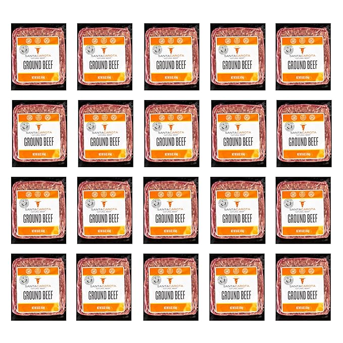 Santa Carota Grass Fed Ground Beef 80% Lean / 20% Fat, Carrot-Finished, Grass-Raised, Bulk Hamburger Meat | Perfect for Burgers, Family Pack Frozen Food (20-1lb packages)