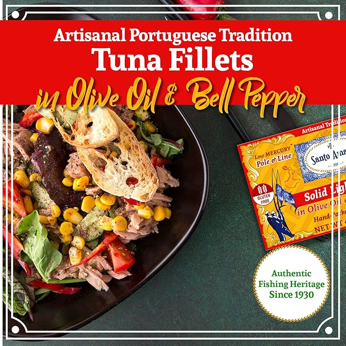 Santo Amaro - Artisanal Wild Tuna Fillets in Olive Oil & Red Bell Pepper, Pole & Line Caught Tuna from Portugal, Hand-Packed Sevilla-Style Canned Tuna Fish, 22g Protein, Keto, Low Mercury, Pack of 3