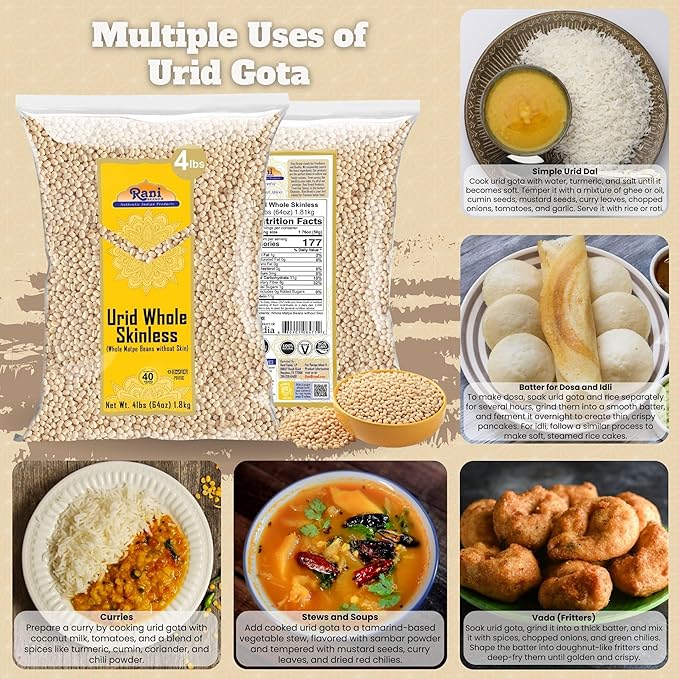 Rani Urid/Urad Gota White (Matpe Beans Skinless) Indian Lentils 64oz (4lbs) 1.81kg Bulk ~ All Natural | Gluten Friendly | Non-GMO | Kosher | Vegan | Indian Origin