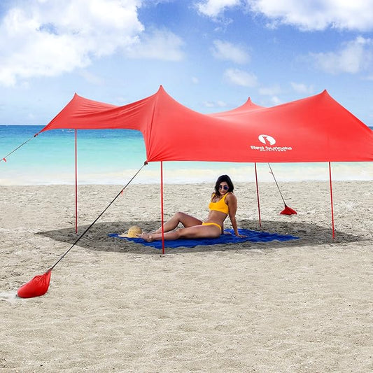 Red Suricata Family Beach Tent & Beach Canopy, UPF50 Sun Beach Shade, Sunshade with 4 Aluminum Poles, 4 Pole Anchors & Sand Shovel, Medium & Portable Sun Shelter Tarp (Medium, Red)