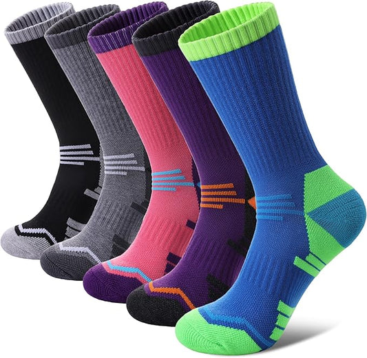 FNOVCO Women's Hiking Walking Running Crew Socks Thick Cushioned Athletic Compression Socks 5 Pairs