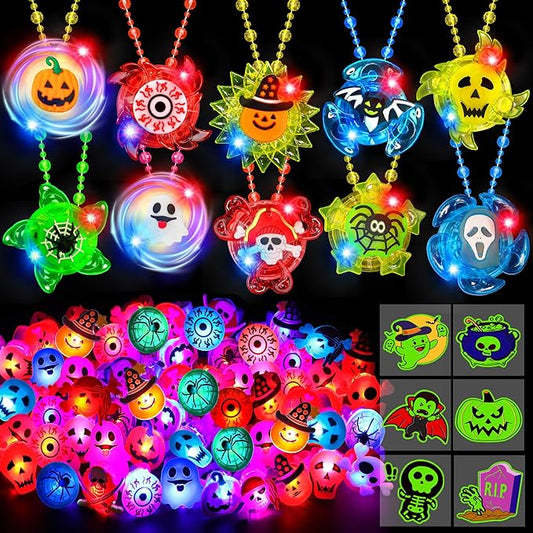 100PCS Halloween Party Favors for Kids Boys Girls, Glow LED Halloween Toys Bulk Light Up Necklace Rings Goodie Bag Fillers Stuffers Halloween Treats Non Candy Classroom Prizes Trick or Treat