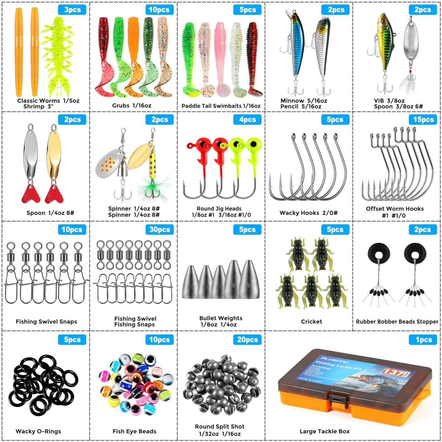 PLUSINNO Fishing Lures, 137Pcs Tackle Box with Tackle Included, Crankbaits, Spoon, Hooks, Weights &