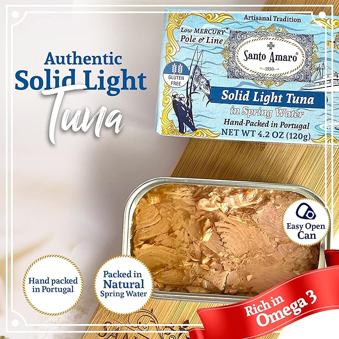 Santo Amaro - Artisanal Wild Tuna Fish in Spring Water, Pole & Line Wild Caught Tuna from Portugal, Hand-Packed Canned Tuna, Solid Light Tuna, Keto, 24g Protein, Low Mercury, 90 Calories, Pack of 3