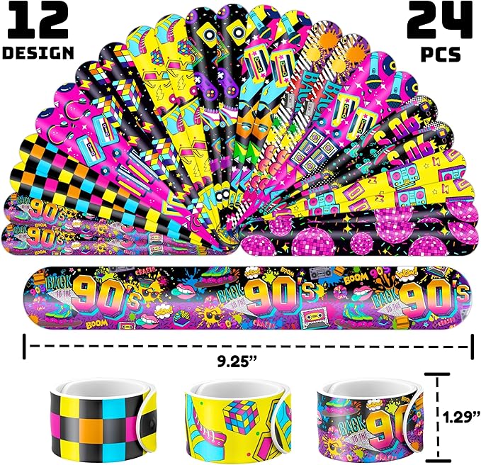 72PCS 90s & 80s Party Favors - 48PCS Pre-Cut Tattoos & 24PCS Slap Bracelets, Retro 90s Birthday Party Supplies Decorations, Ideal for Kids’ Classroom Prizes & Rewards for Boys & Girls