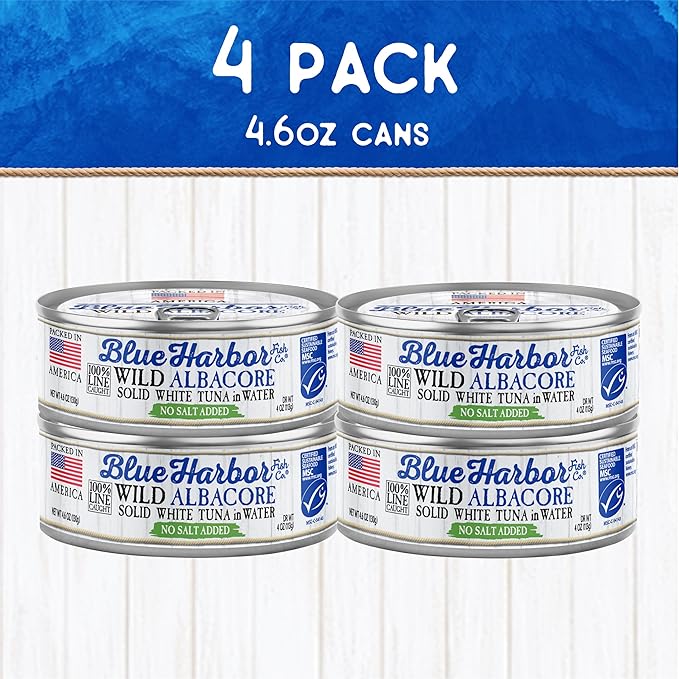 Blue Harbor Fish Co. Wild Albacore Solid White Tuna in Water, No Salt Added - 4.6 oz Canned Tuna (Pack of 4)