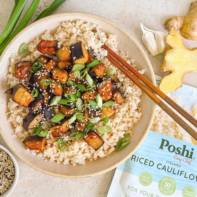 POSHI Riced Cauliflower | All Natural, Fully Cooked, Ready to Eat, Non-GMO, Low Calorie + Carb, Gluten Free, Vegetable Rice, Meals, On The Go, Plant-Based, Healthy, Veggies (7oz, 6 Pack)