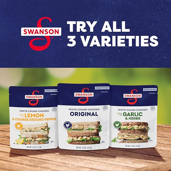 Swanson Lemon and Coarse Ground Pepper White Chunk Cooked Chicken, Ready to Eat, On-the-Go Meals, 2.6 oz Pouch (Case of 12)