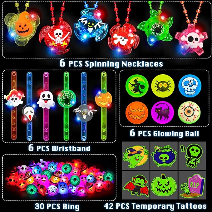 90 PCS Halloween Party Favors for Kids, Glow in The Dark Party Supplies LED Halloween Toys Bulk Light Up Necklace Bracelet Ring Halloween Treats Goodie Bag Fillers Classroom Prizes Trick or Treat Gift