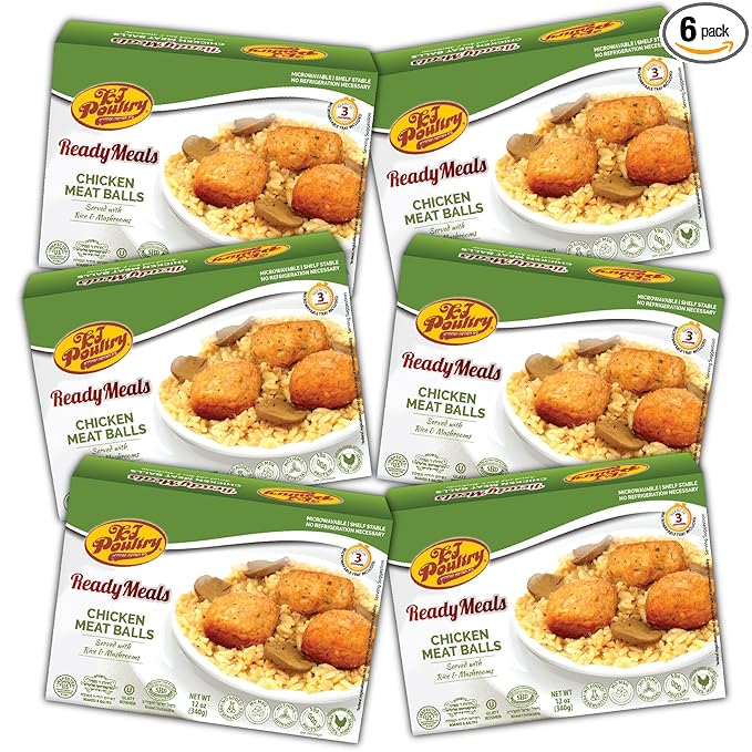 KJ Poultry Kosher Ready Meals - Chicken Meat Balls & Mushrooms, MRE Meat Meals Ready to Eat, Halal, (6 Pack) Prepared Entree Fully Cooked, Shelf Stable Microwave Dinner, Travel, Military, Camping